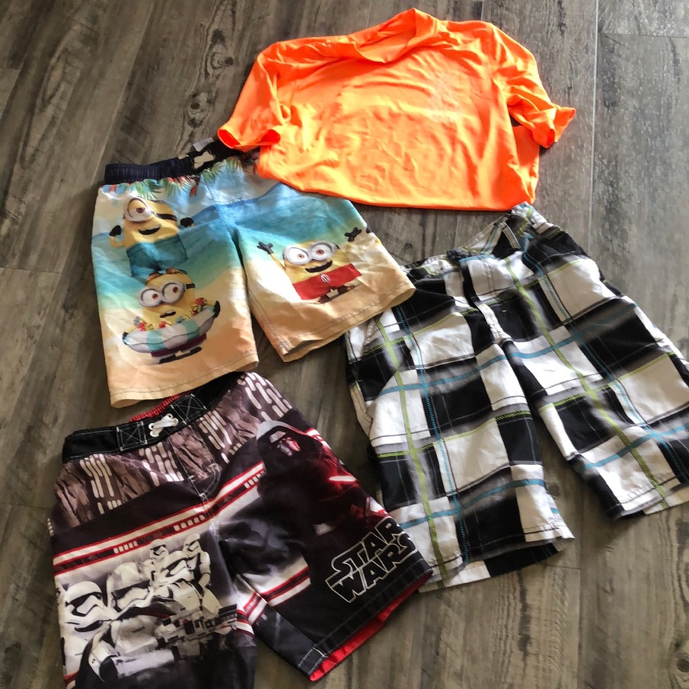 Boys medium swim shorts and 1 large swim shirt